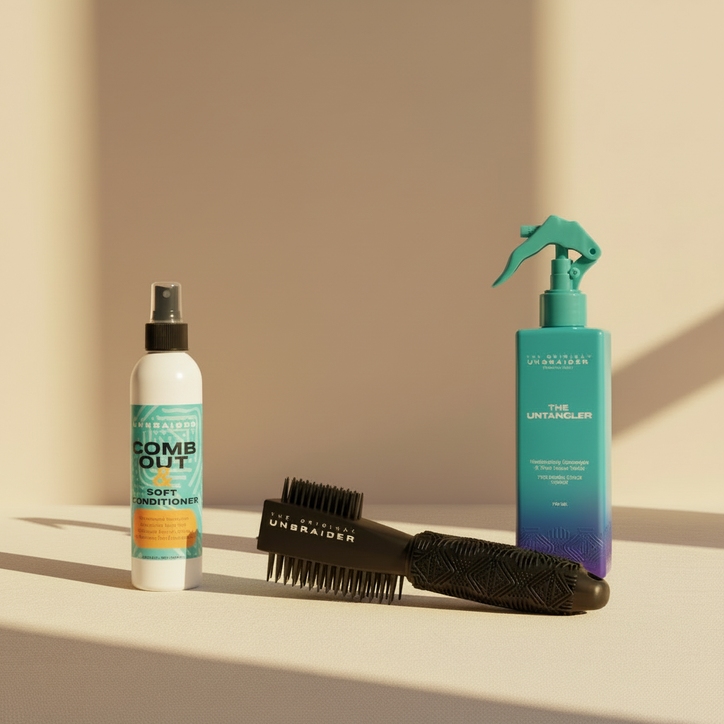 Hair care products including a bottle, a spray can, and a comb on a beige surface with a neutral background.